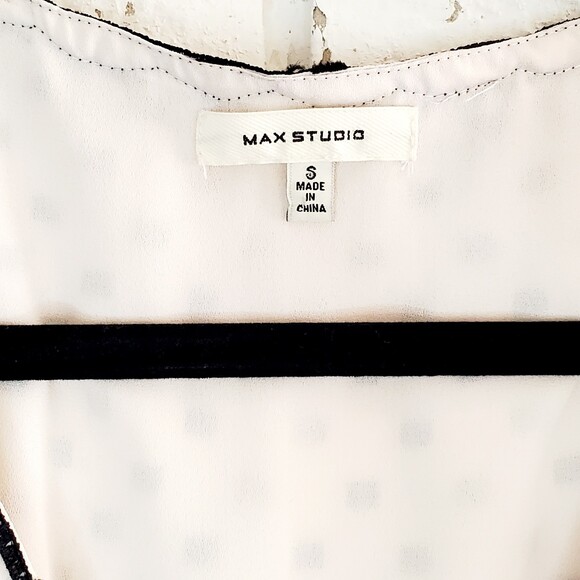 Max Studio Polka Dot Peplum V Neck Ruffle Dress Lace Trim Elastic Waist Sz L - Picture 6 of 13